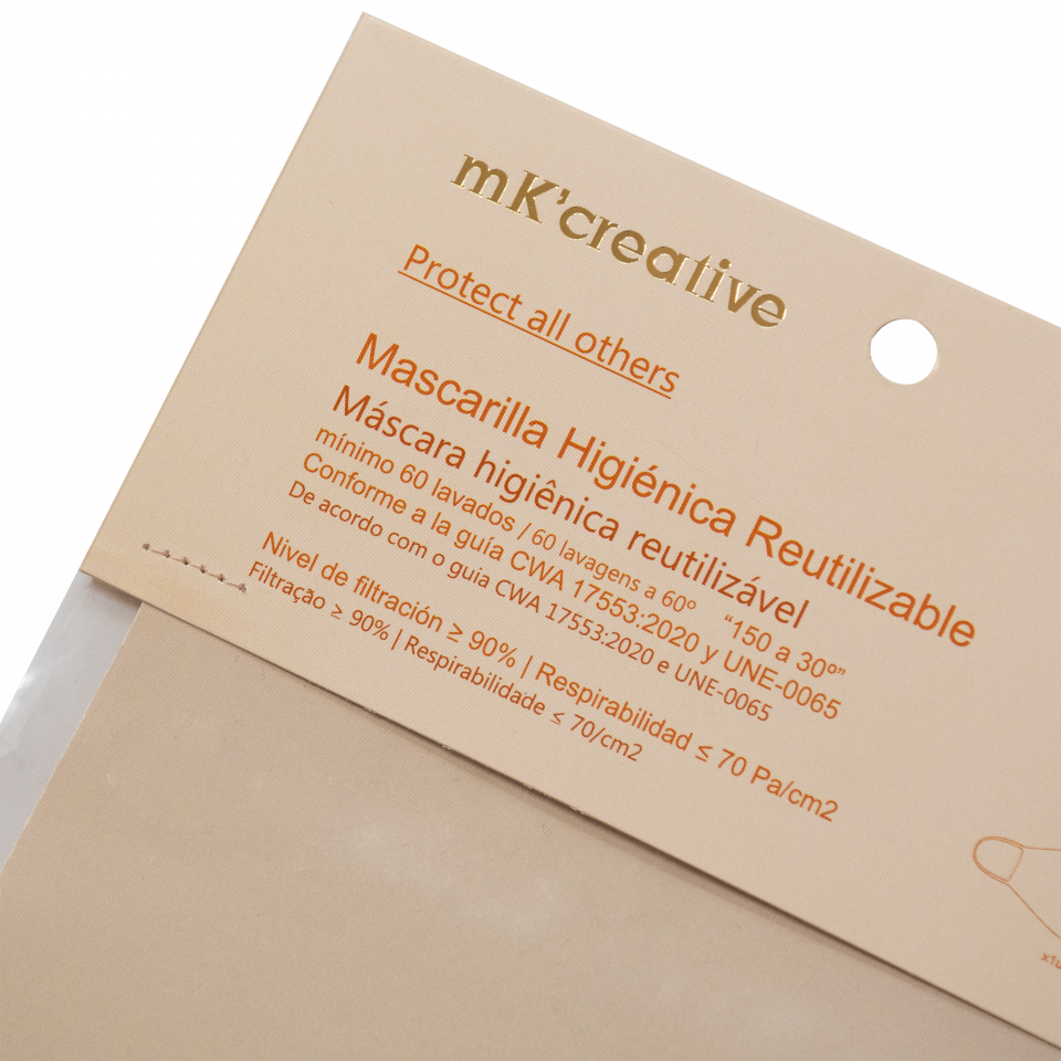 Mascarilla algodón orgánico reversible pequeña caqui y negra homologada con protección +90% personalizada