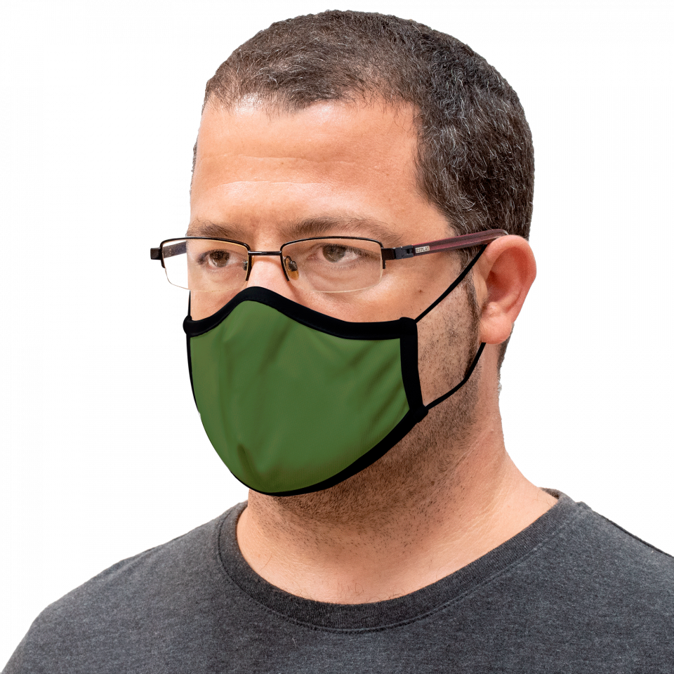 Mascarilla algodón orgánico reversible grande caqui y negra homologada con protección +90% personalizada