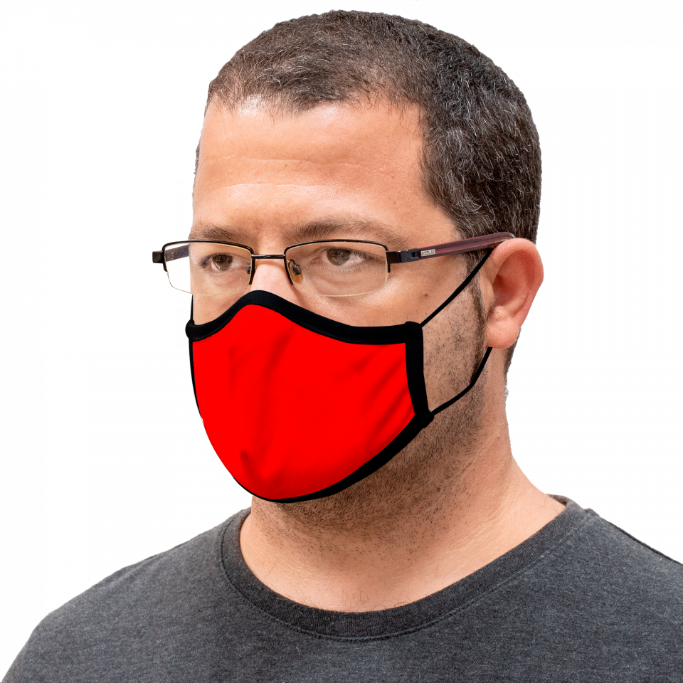 Mascarilla algodón orgánico reversible grande rojo y negra homologada con protección +90% personalizada