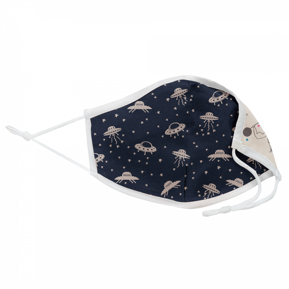 Mascarilla algodón orgánico reversible pequeña circus beige y space navy homologada con protección +90%