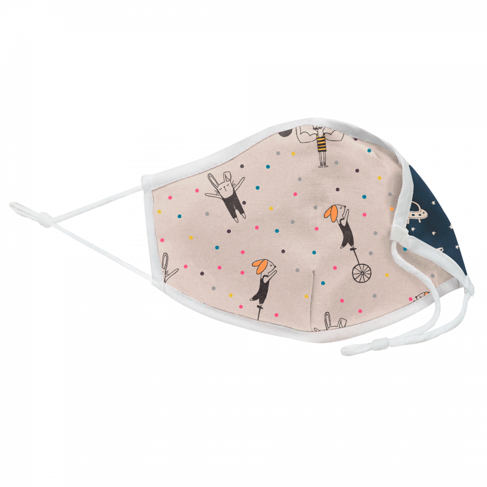 Mascarilla algodón orgánico reversible pequeña circus beige y space navy homologada con protección +90%