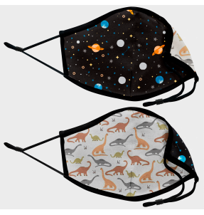 Mascarilla algodón orgánico reversible pequeña dinos grey y planets black homologada con protección +90%