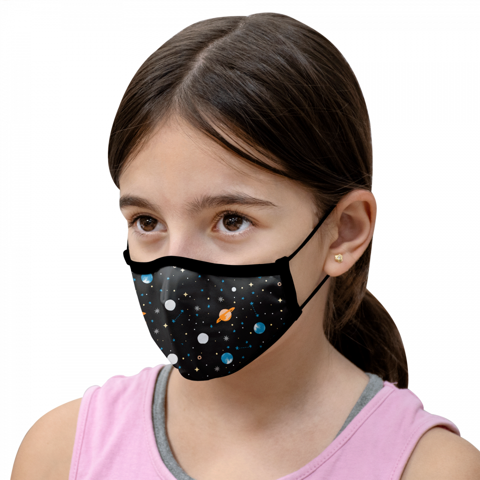 Mascarilla algodón orgánico reversible pequeña dinos grey y planets black homologada con protección +90%