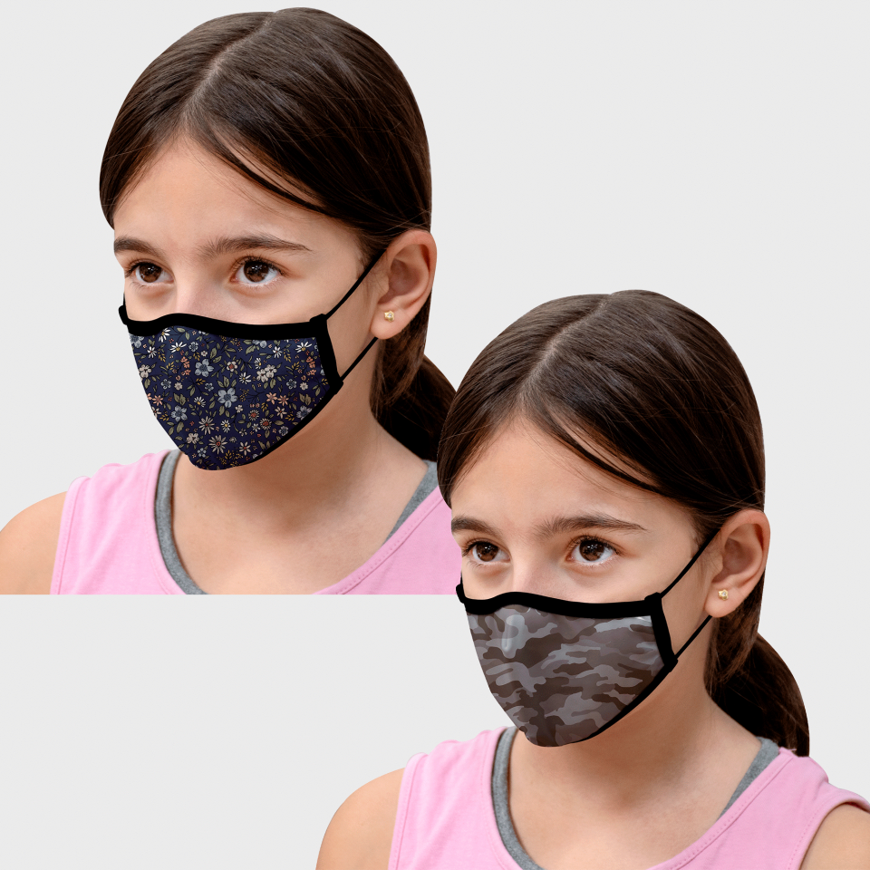 Mascarilla algodón orgánico reversible pequeña flores navy homologada con protección +90%