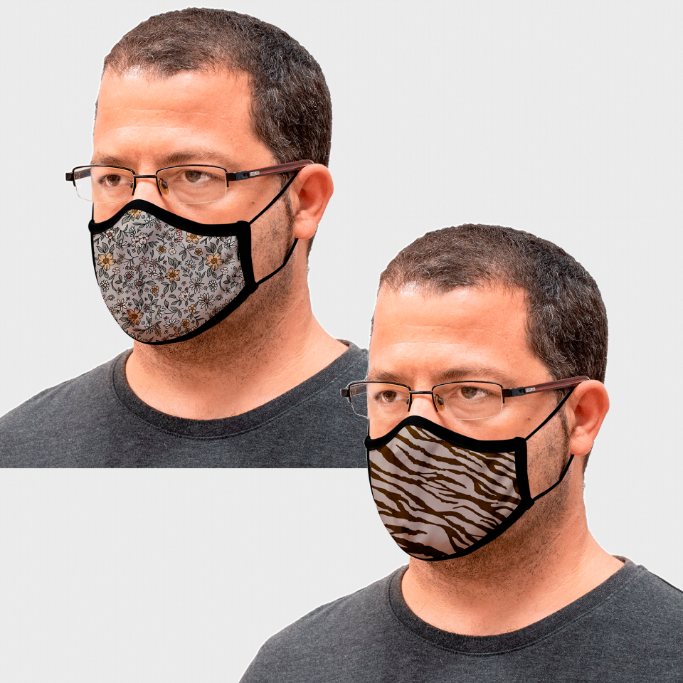 Mascarilla algodón orgánico reversible grande flores gris homologada con protección +90%