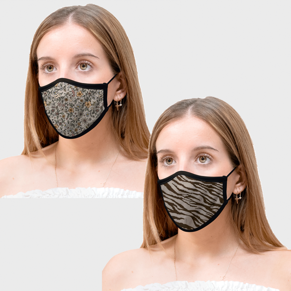 Mascarilla algodón orgánico reversible mediana flores gris homologada con protección +90%