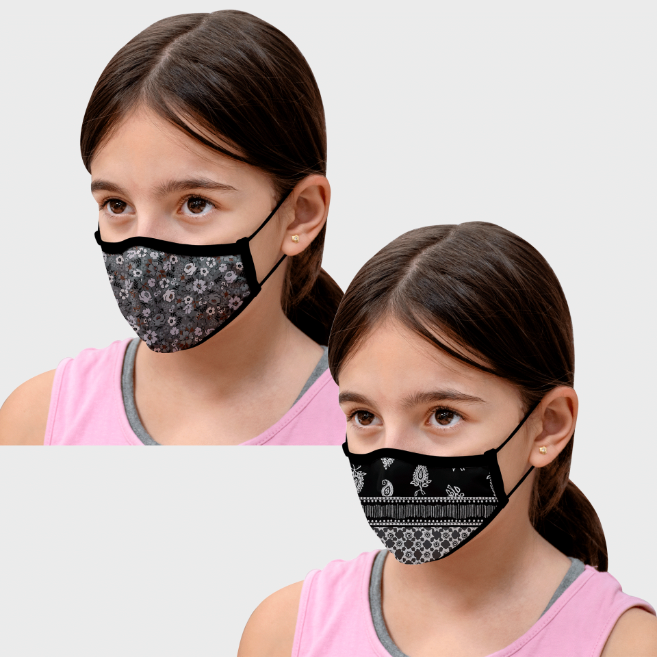 Mascarilla algodón orgánico reversible pequeña bandana black y flower black homologada con protección +90%