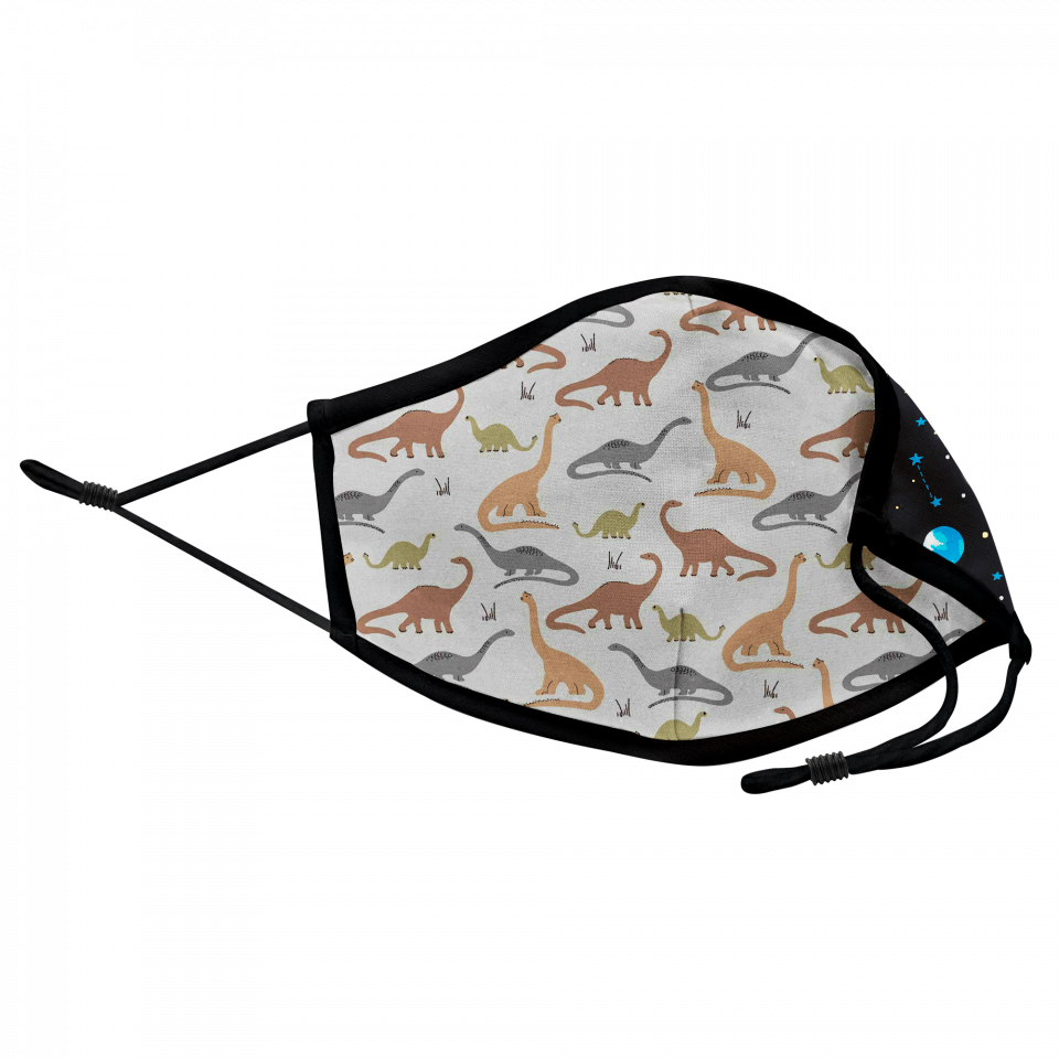 Mascarilla algodón orgánico reversible mediana dinos grey y planets black homologada con protección +90%