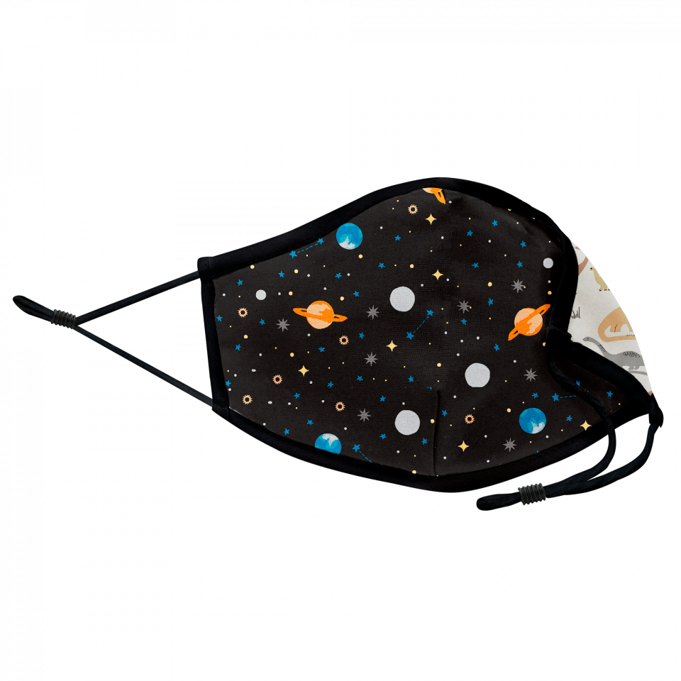 Mascarilla algodón orgánico reversible mediana dinos grey y planets black homologada con protección +90%