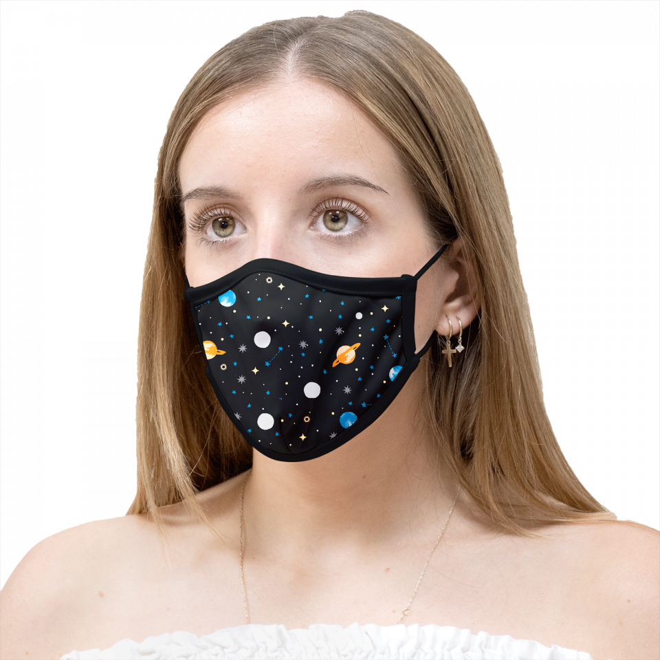 Mascarilla algodón orgánico reversible mediana dinos grey y planets black homologada con protección +90%