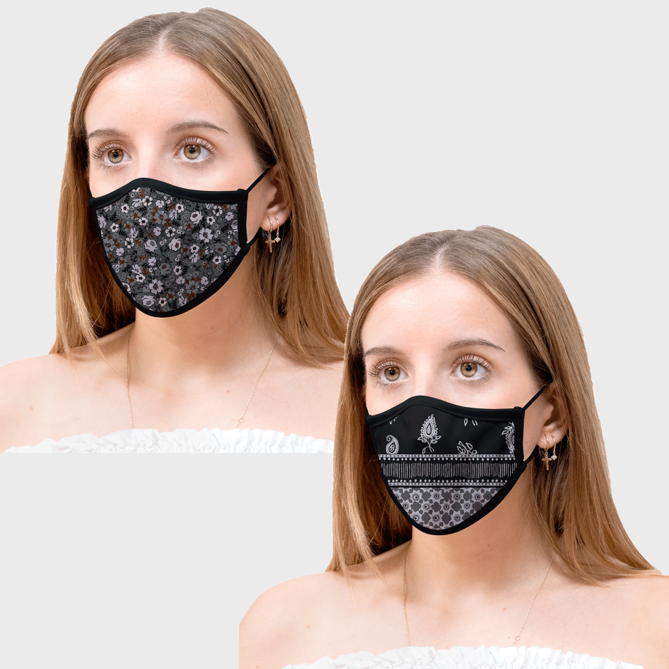 Mascarilla algodón orgánico reversible mediana bandana black y flower black homologada con protección +90%