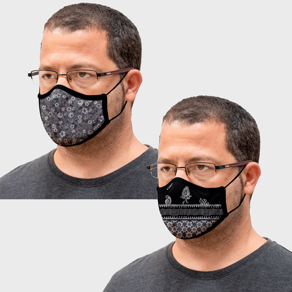 Mascarilla algodón orgánico reversible grande bandana black y flower black homologada con protección +90%