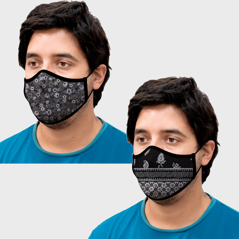 Mascarilla algodón orgánico reversible súper grande bandana black y flower black homologada con protección +90%