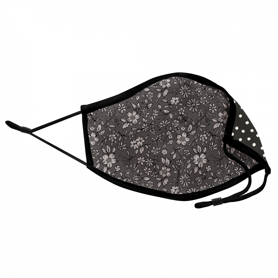 Mascarilla algodón orgánico reversible pequeña dots black y flower antracite homologada con protección +90%