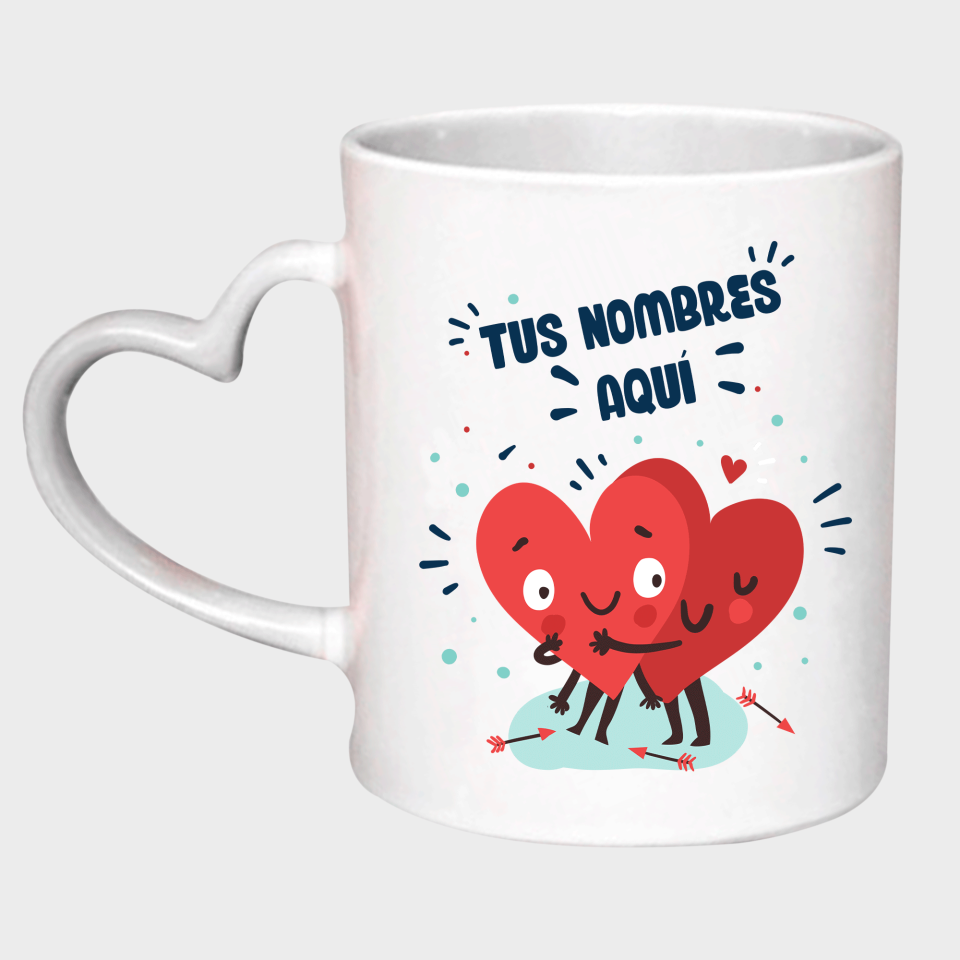 Taza corazón para San Valentín diseño corazones abrazándose personalizable