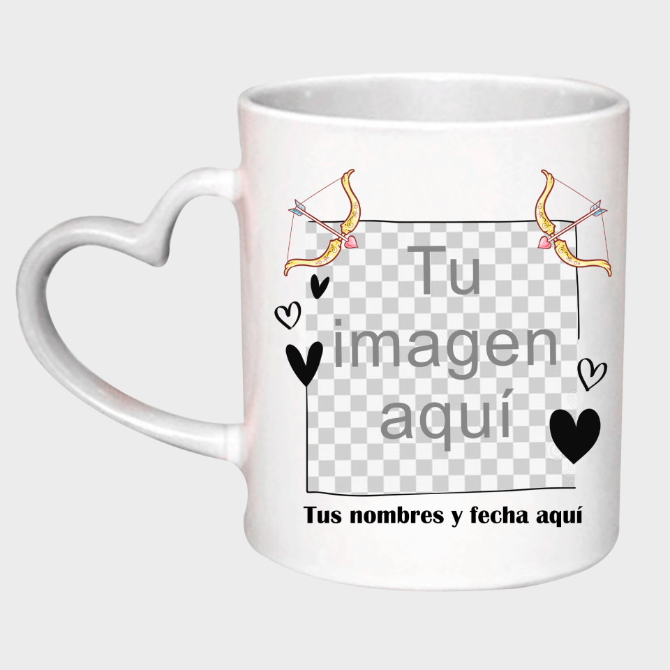 Taza corazón para San Valentín diseño flechas cupido personalizable