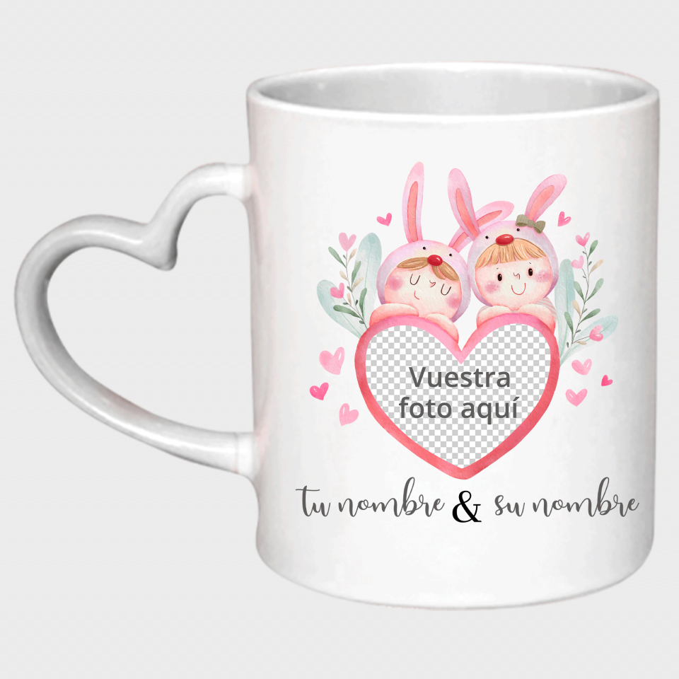Taza corazón para San Valentín diseño conejos personalizable