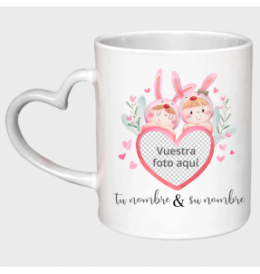 Taza corazón para San Valentín diseño conejos personalizable