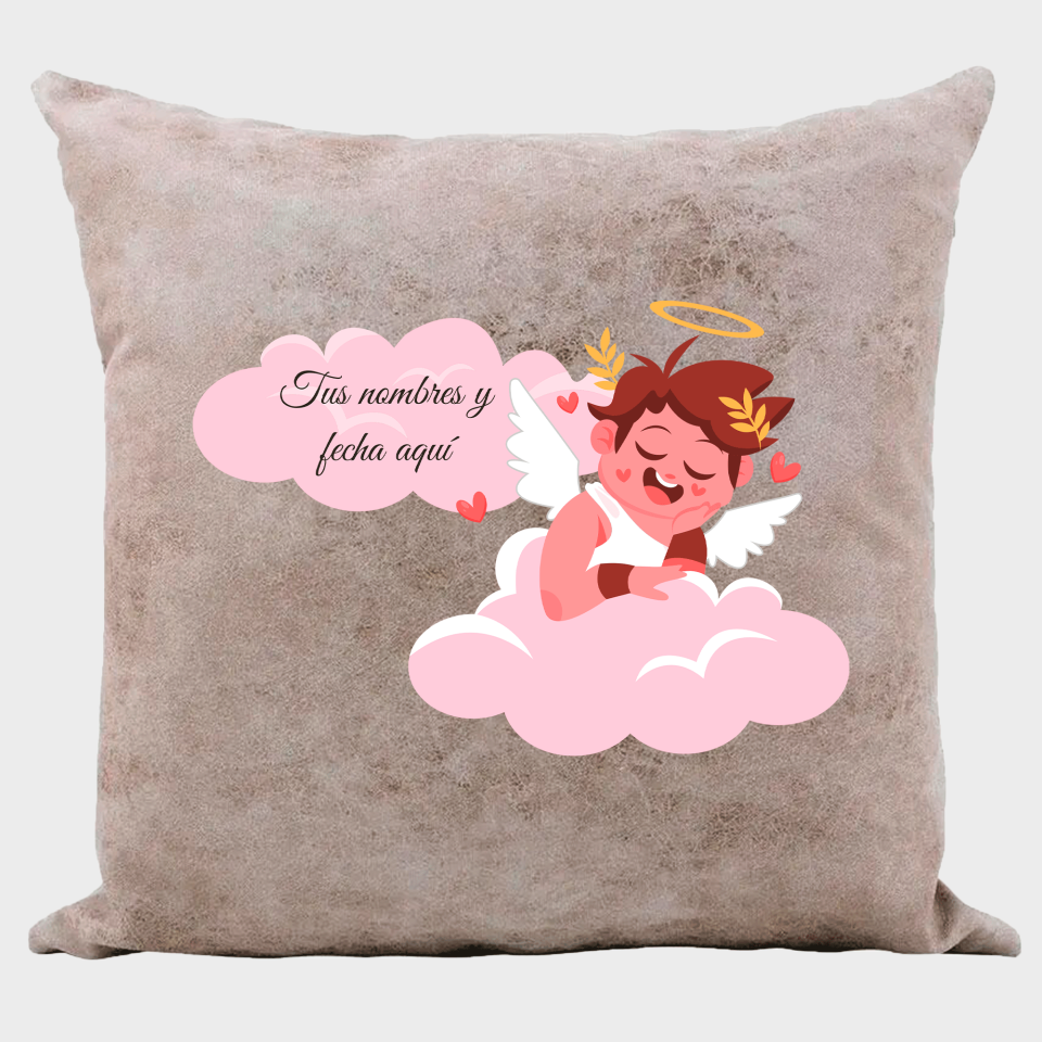 Cojín tacto cuero para San Valentín diseño cupido personalizable