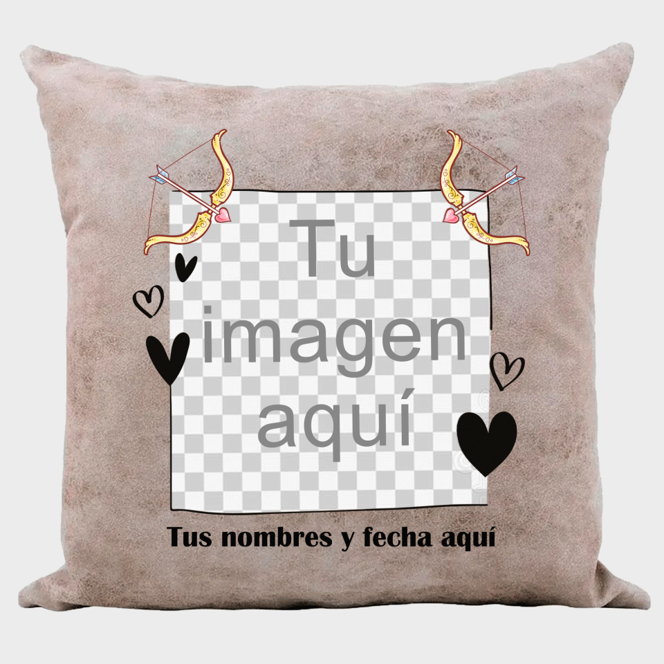 Cojín tacto cuero para San Valentín diseño flechas cupido personalizable