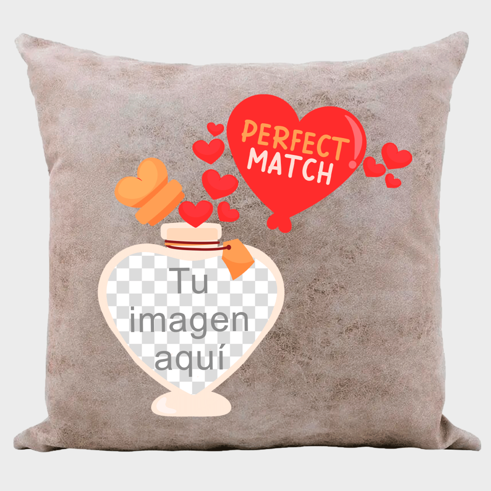 Cojín tacto cuero para San Valentín diseño perfect match personalizable
