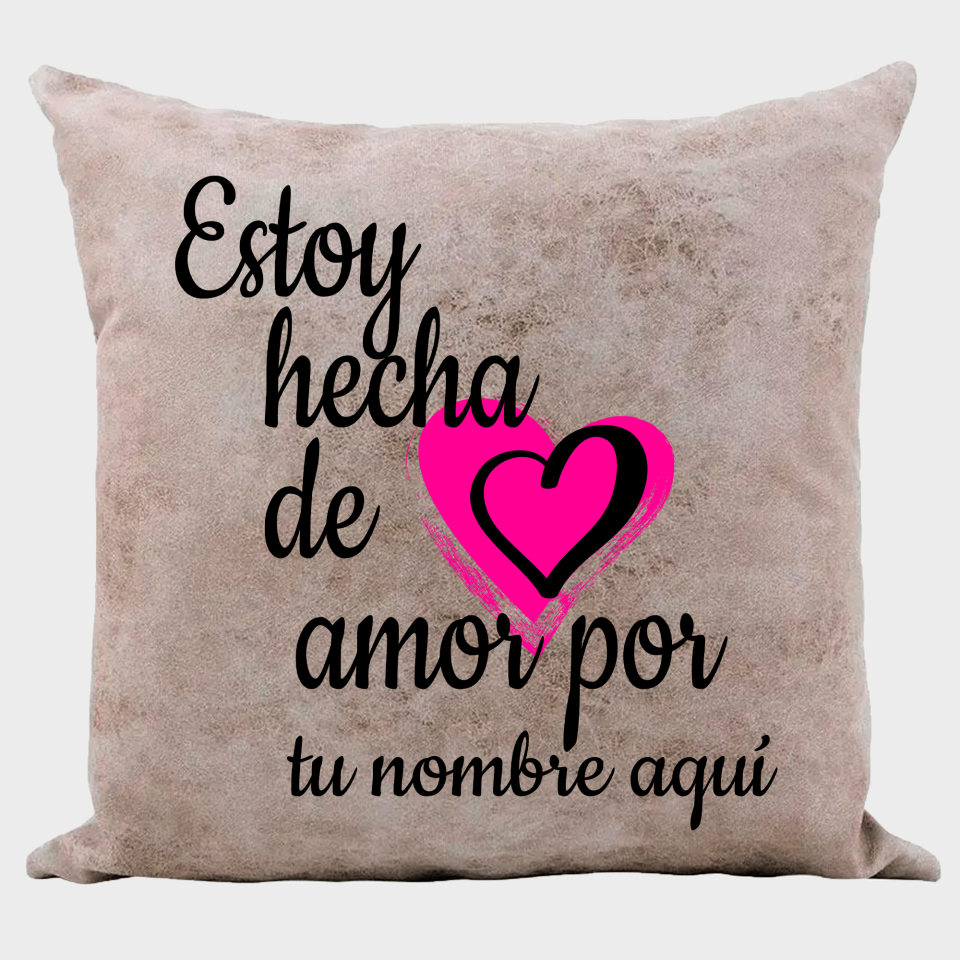 Cojín tacto cuero para San Valentín diseño hecha de amor personalizable