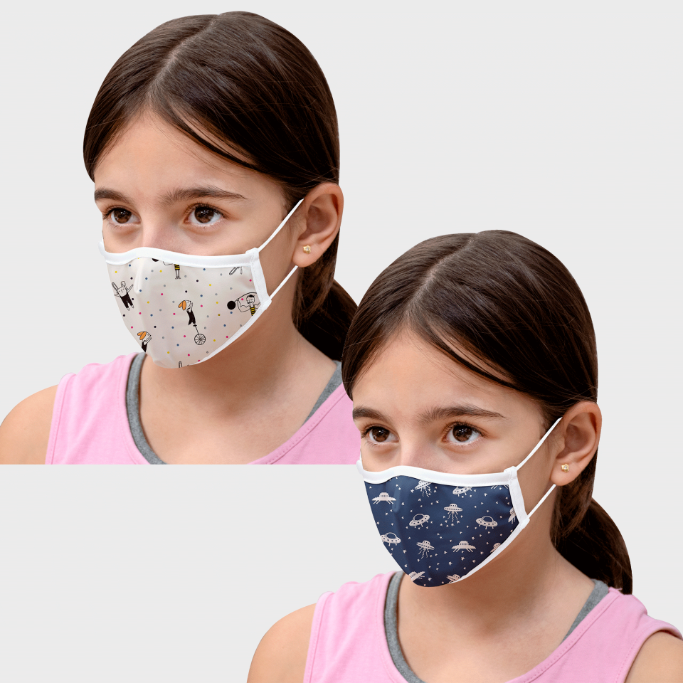 Mascarilla algodón orgánico reversible pequeña circus beige y space navy homologada con protección +90%