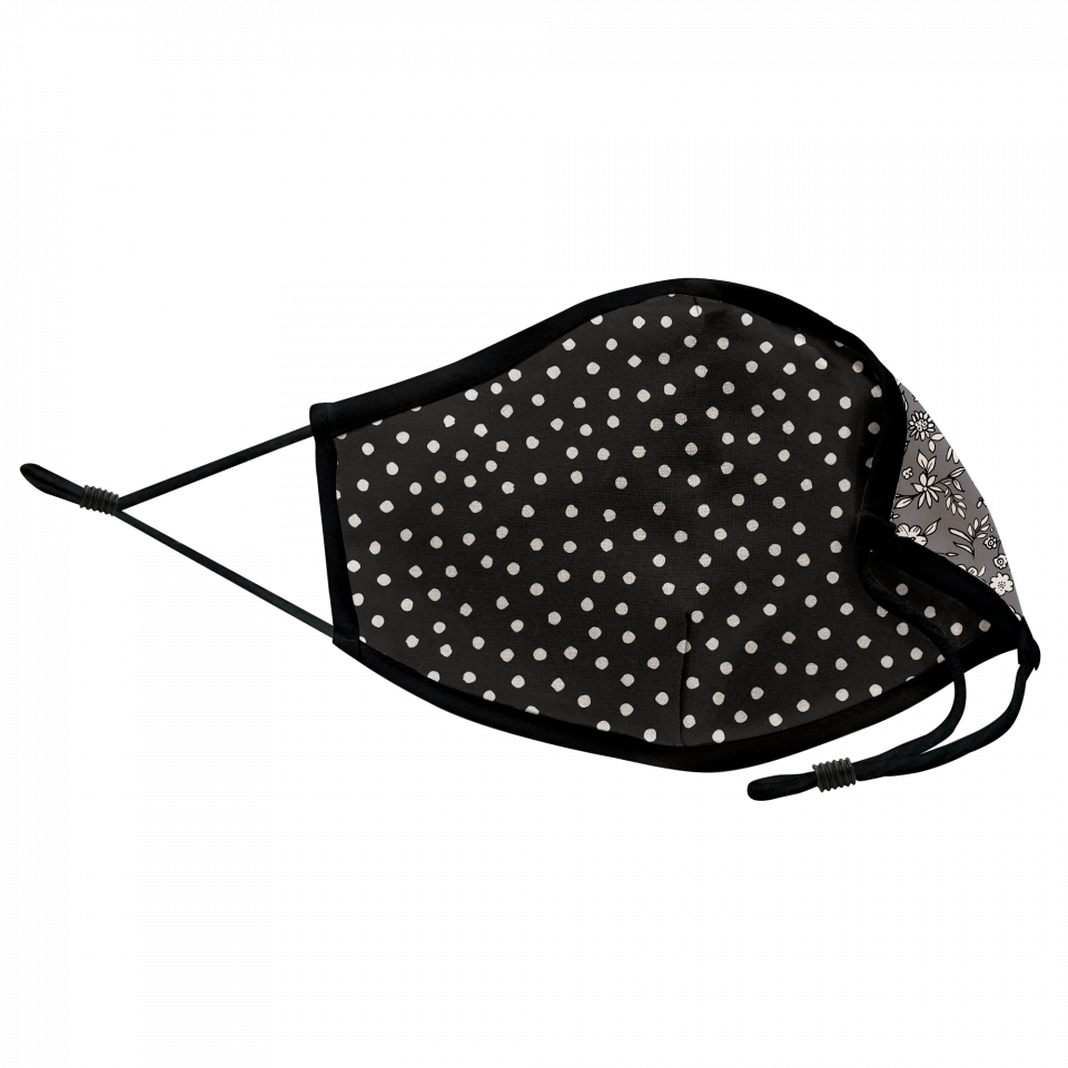 Mascarilla algodón orgánico reversible mediana dots black y flower antracite homologada con protección +90%