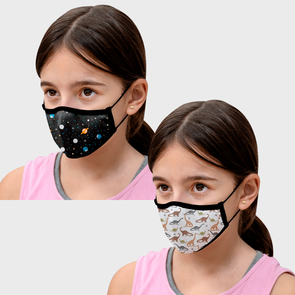 Mascarilla algodón orgánico reversible pequeña dinos grey y planets black homologada con protección +90%