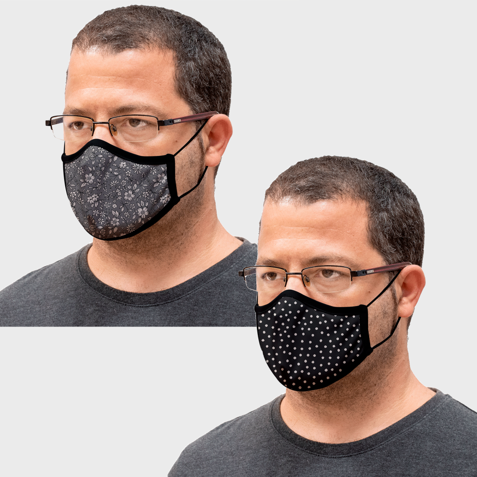 Mascarilla algodón orgánico reversible grande dots black y flower antracite homologada con protección +90%