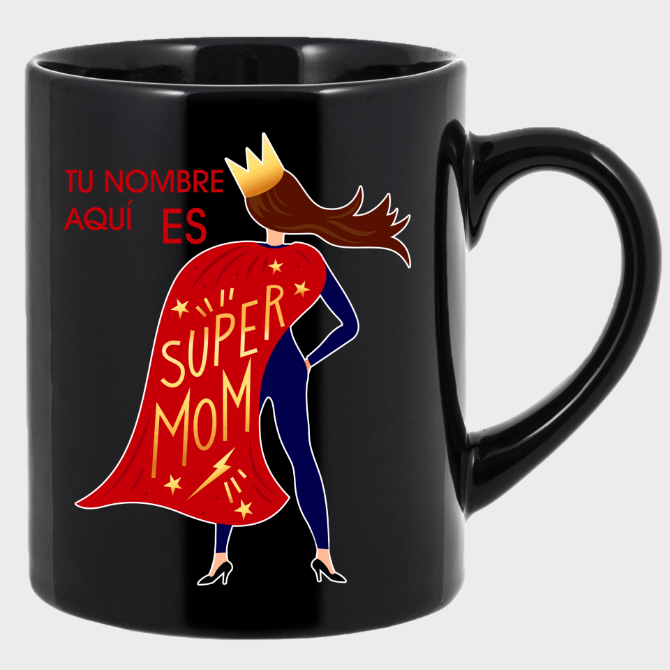 Taza negra para el día de la madre diseño Superheroína
