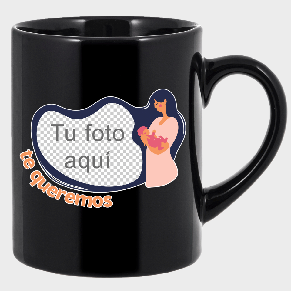 Taza negra para el día de la madre diseño Madre con bebé