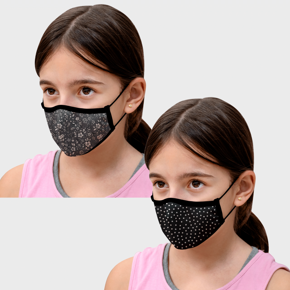 Mascarilla algodón orgánico reversible pequeña dots black y flower antracite homologada con protección +90%