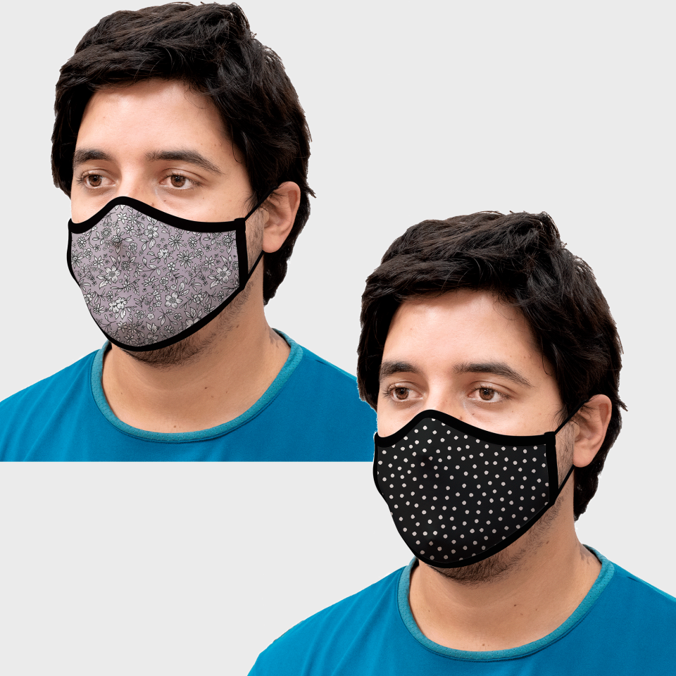 Mascarilla algodón orgánico reversible súper grande dots black y flower antracite homologada con protección +90%