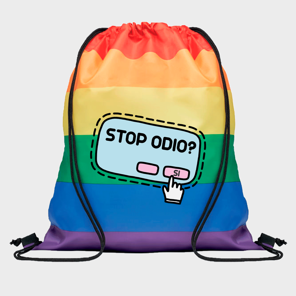 Mochila de cuerdas para el orgullo LGBTIQA+ diseño Stop Odio