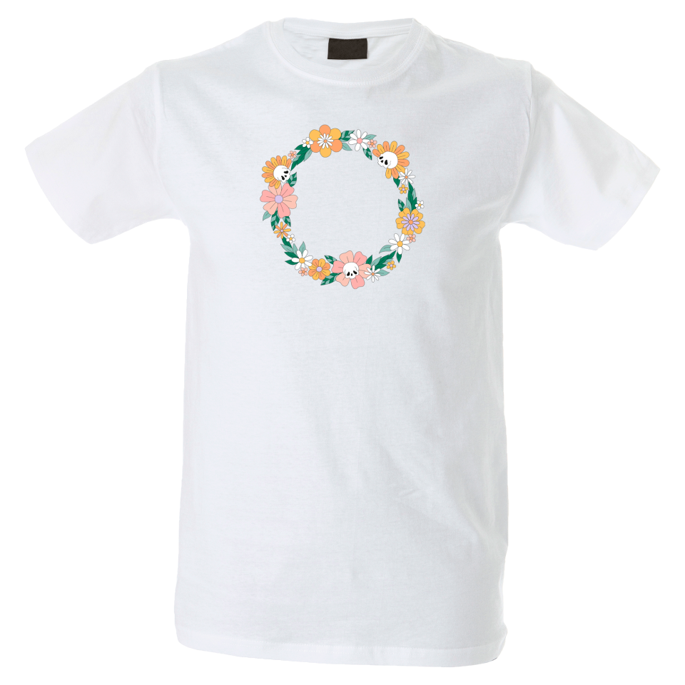 Camiseta hombre guirnalda calavera flores