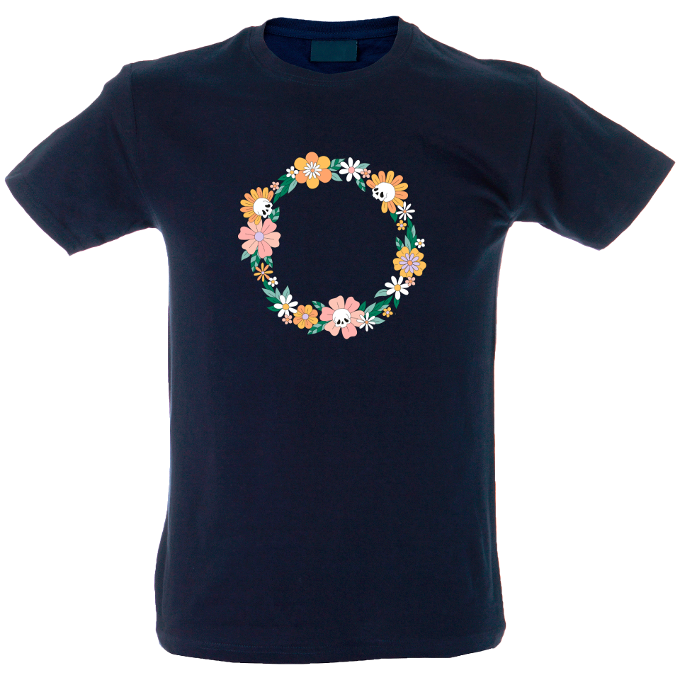 Camiseta hombre guirnalda calavera flores
