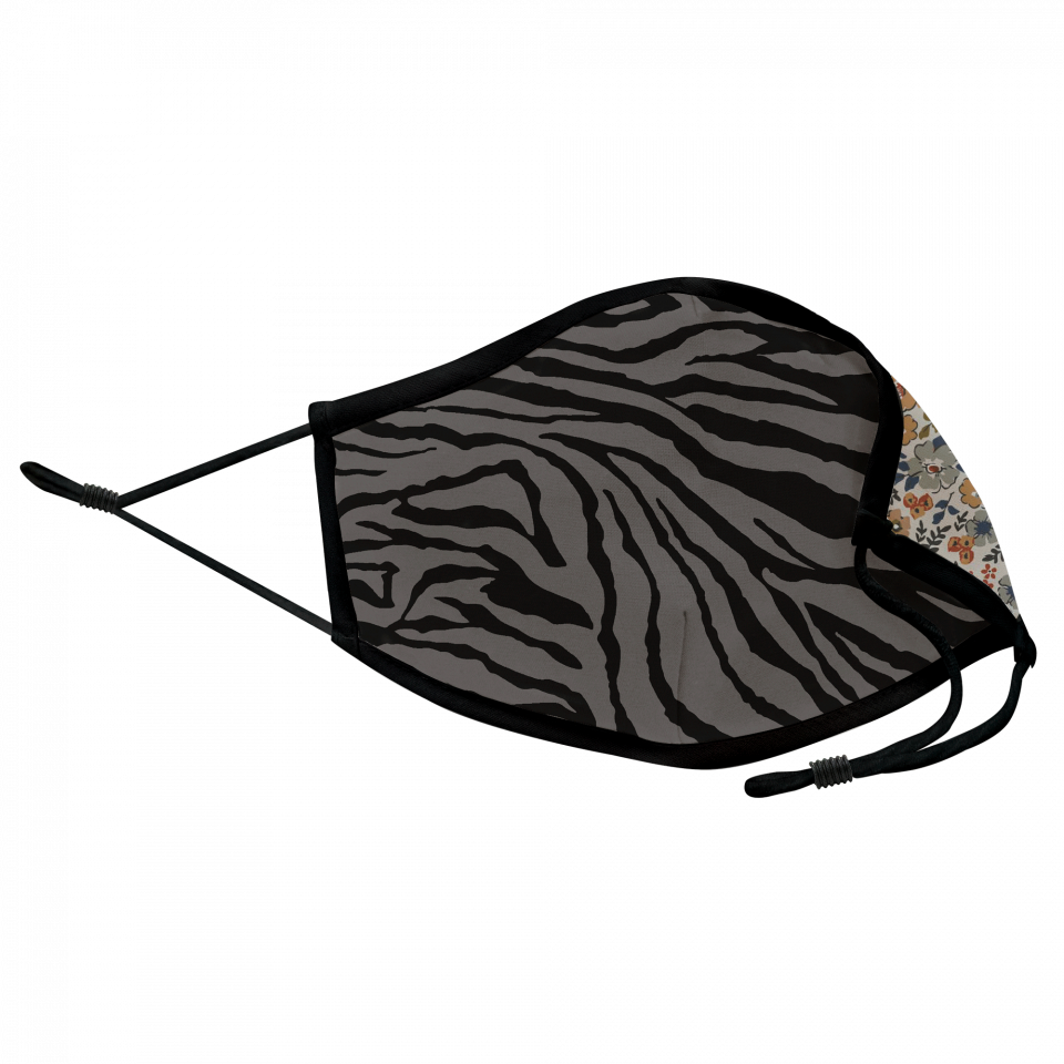 Mascarilla algodón orgánico reversible mediana ditsy flower grey y zebra black homologada con protección +90%
