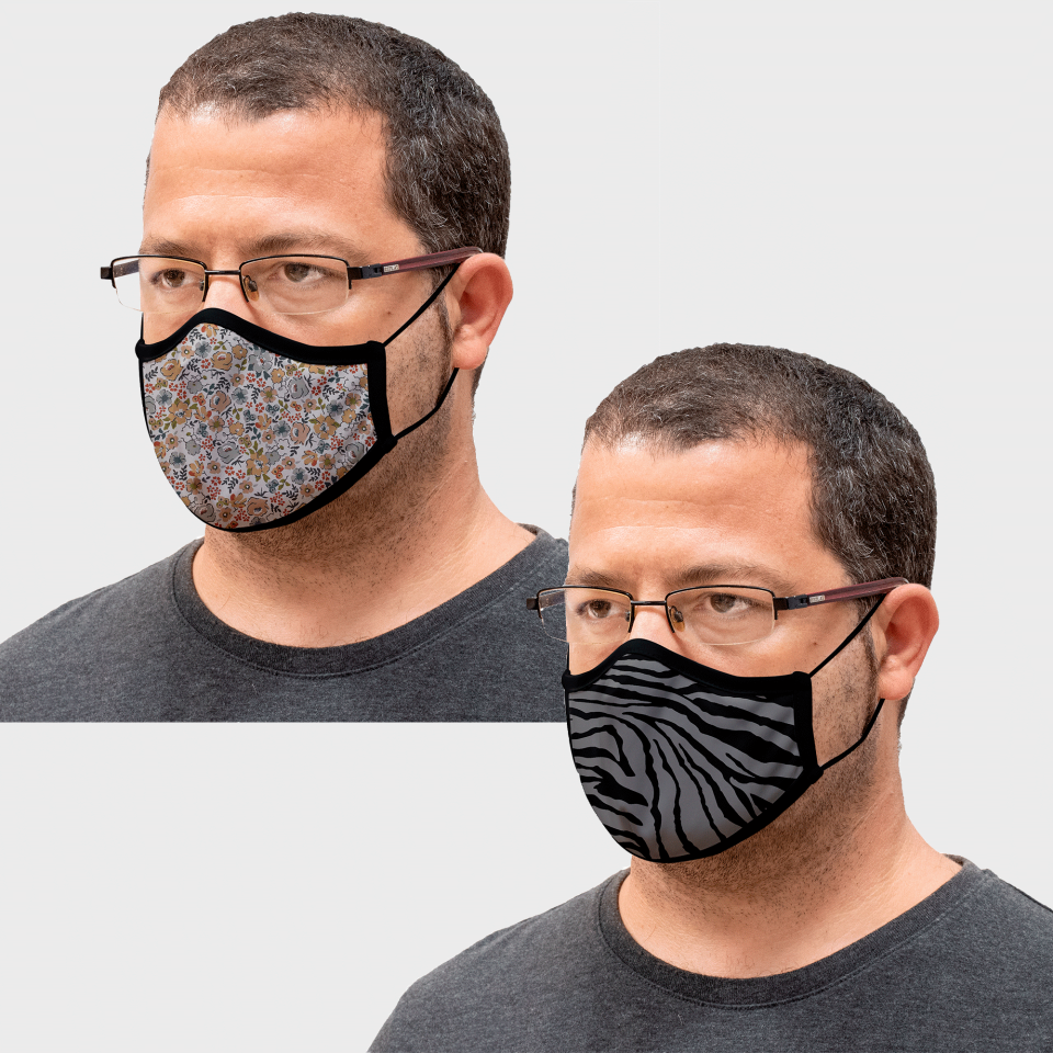 Mascarilla algodón orgánico reversible grande ditsy flower grey y zebra black homologada con protección +90%