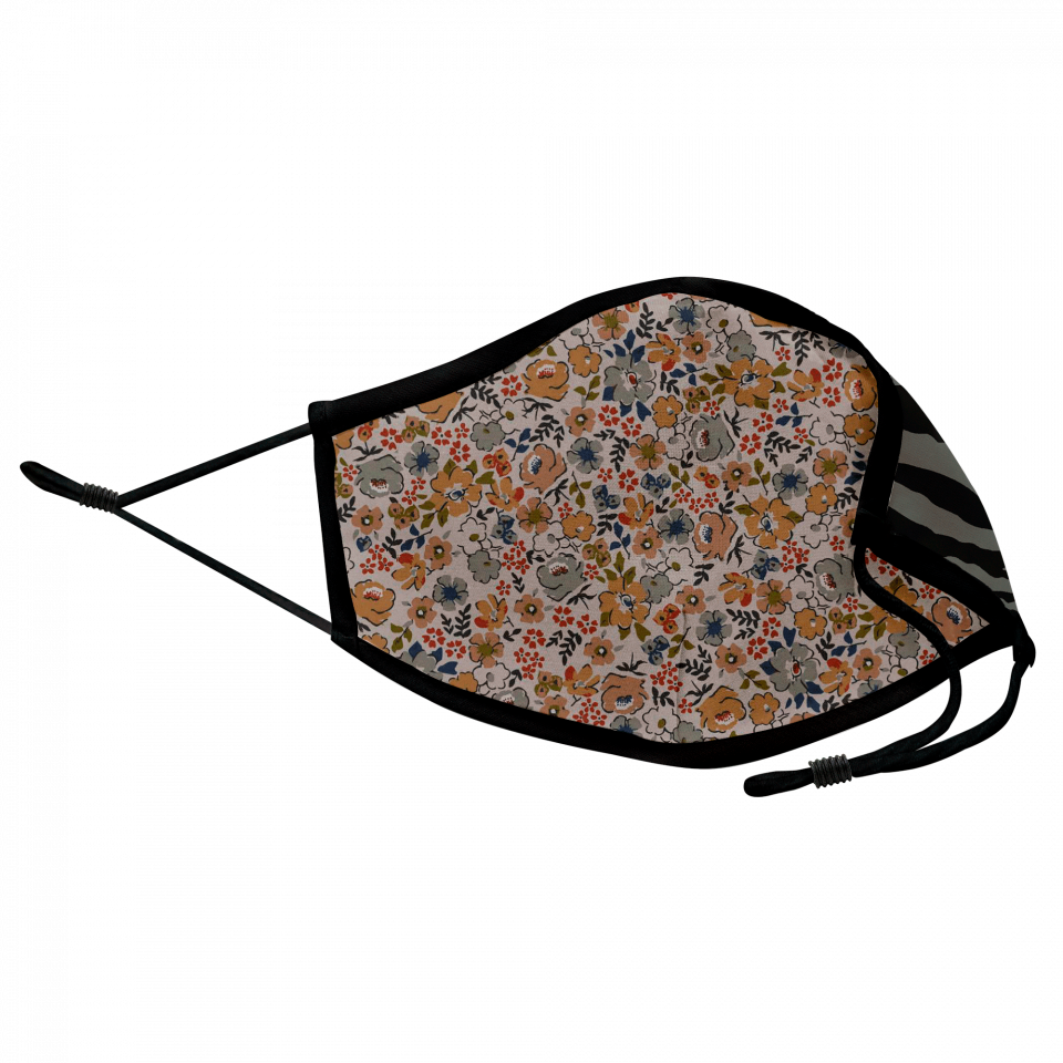 Mascarilla algodón orgánico reversible súper grande ditsy flower grey y zebra black homologada con protección +90%