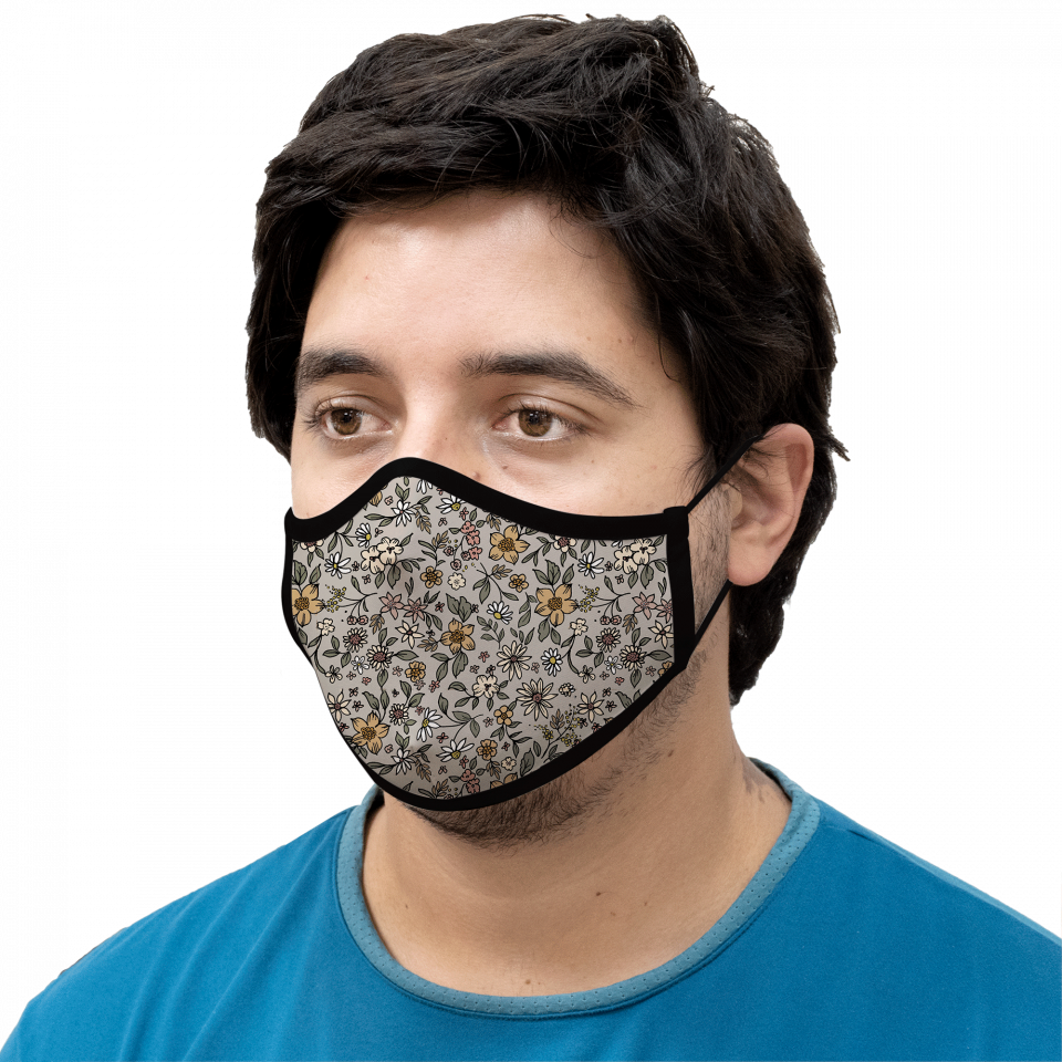 Mascarilla algodón orgánico reversible súper grande ditsy flower grey y zebra black homologada con protección +90%