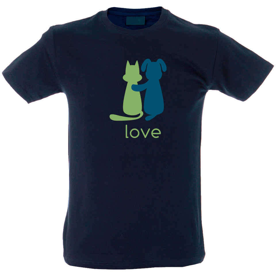 Camiseta hombre perro y gato enamorados