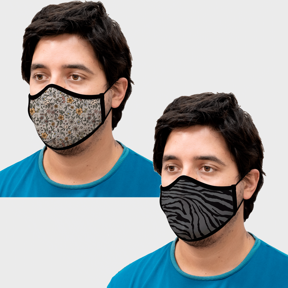 Mascarilla algodón orgánico reversible súper grande ditsy flower grey y zebra black homologada con protección +90%