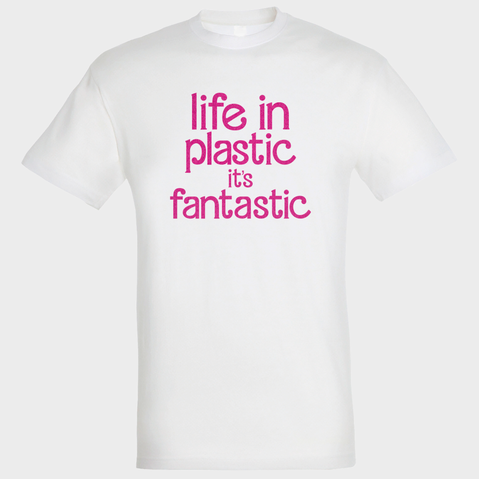 Camiseta algodón unisex Life In Plastic It's Fantastic personalizada Vinilo Eco Flock