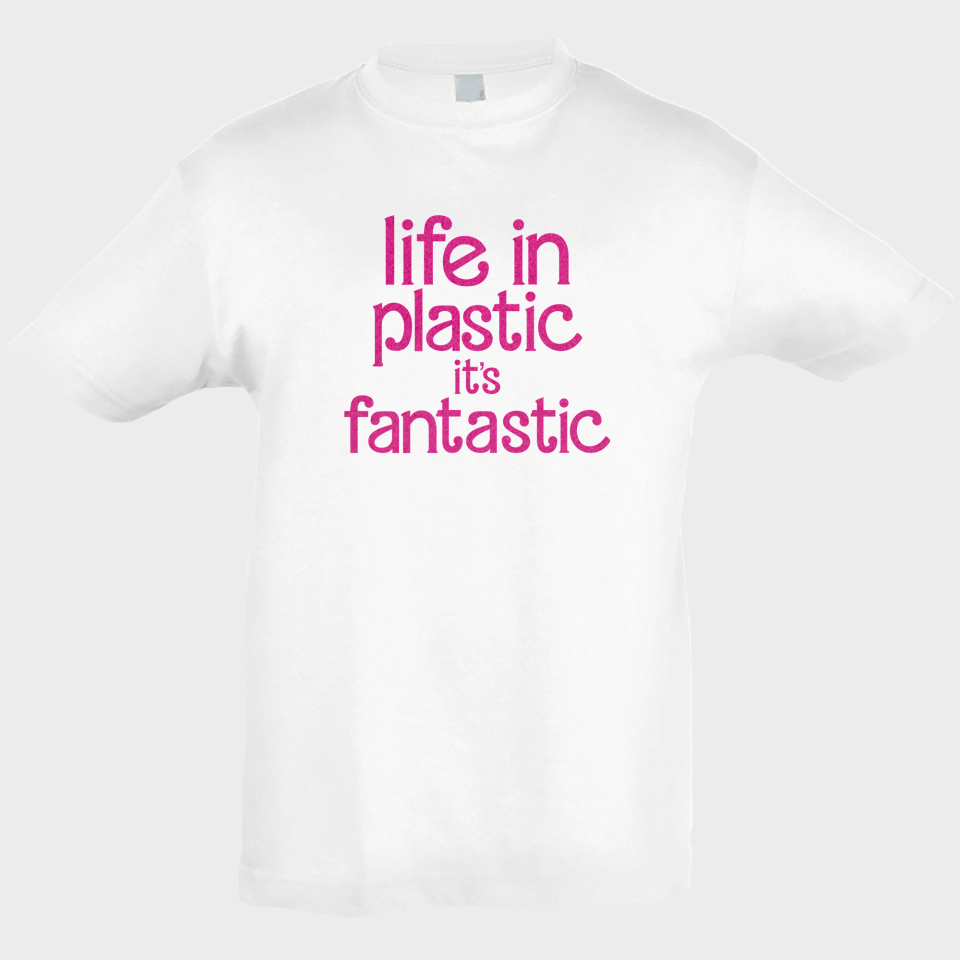 Camiseta algodón infantil Life In Plastic It's Fantastic personalizada Vinilo Eco Flock