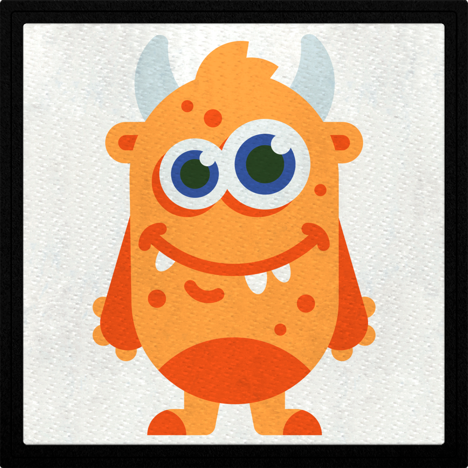 Parche cuadrado monstruo naranja con sonrisa