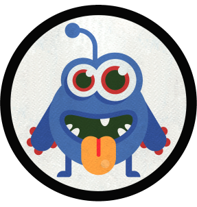 Parche redondo monstruo con la lengua fuera azul