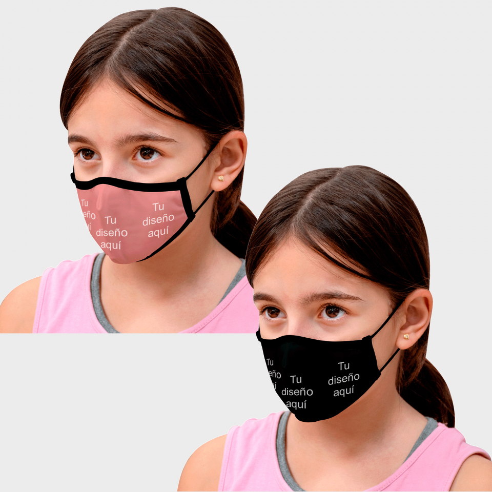 Mascarilla algodón orgánico reversible pequeña mahogany y negra homologada con protección +90% personalizada