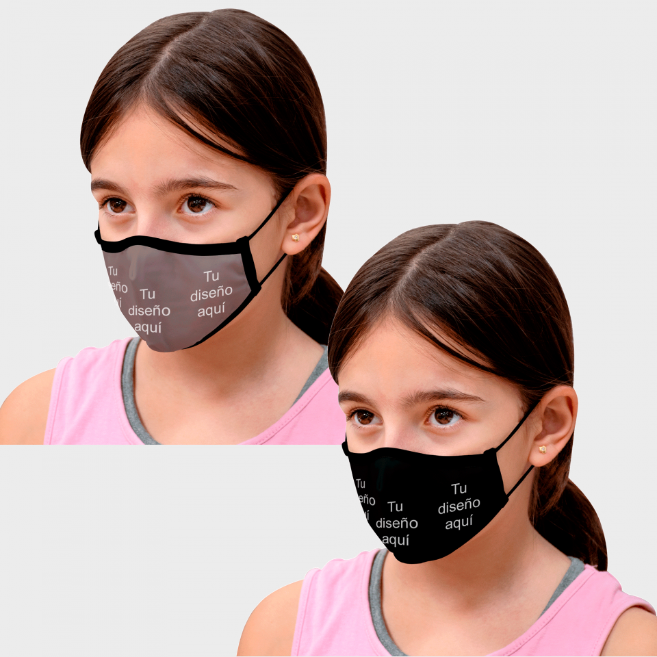 Mascarilla algodón orgánico reversible pequeña taupe y negra homologada con protección +90% personalizada