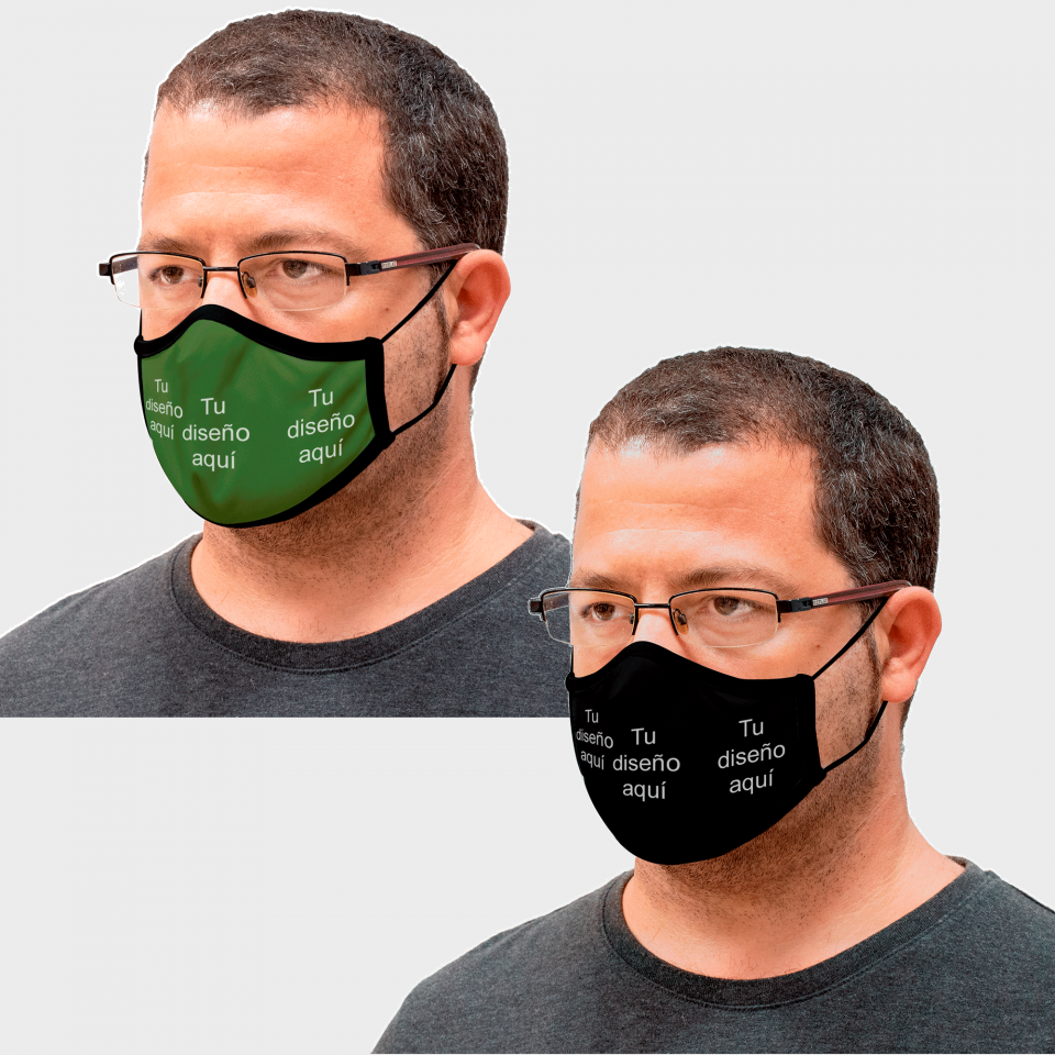 Mascarilla algodón orgánico reversible grande caqui y negra homologada con protección +90% personalizada
